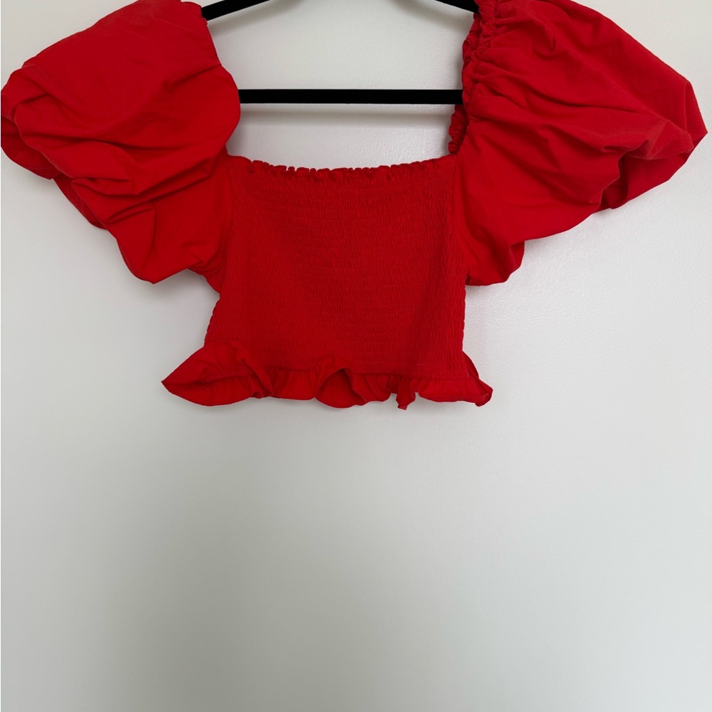 Zara Vibrant Red Smocked Puff-Sleeve Crop Top with Ruffle Hem